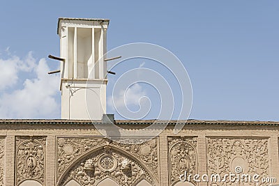 Traditional persian courtyard- Borujerdi house landmark windtower detail in front of blue sky Editorial Stock Photo