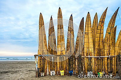 Traditional Peruvian small Reed Boats Stock Photo