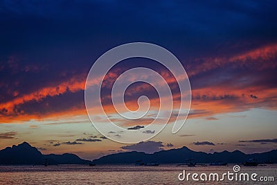 Traditional philippine boats in El Nido at sunset lights, Philippines Stock Photo