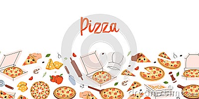 Traditional pizza horizontal banner. Traditional italian fast food. Restaurant cafe menu. Whole and pieces italian pizza Vector Illustration