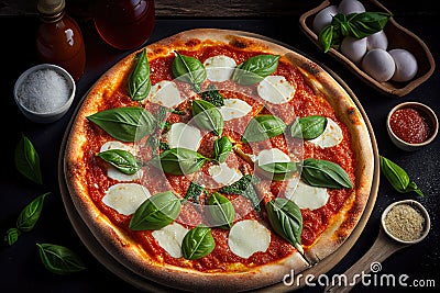 Traditional Pizza Margherita with olive oil. Italian homemade pizza with mozzarella and basil leaves. Generative AI Cartoon Illustration
