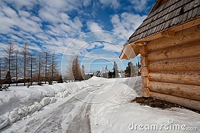 Traditional polish hut in zakopane during winter Stock Photo