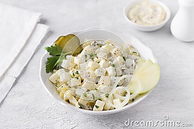 Traditional polish salad with apple, pickled cucumber, onion and mayonnaise on a light gray background Stock Photo