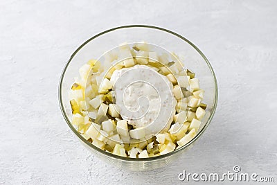 Traditional polish salad with apple, pickled cucumber, onion and mayonnaise mustard dressing on a light gray background Stock Photo