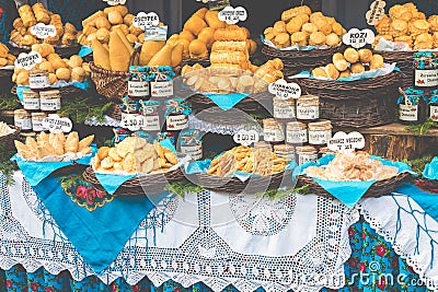 Traditional polish smoked cheese oscypek on christmas market in Editorial Stock Photo