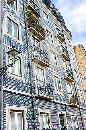 Traditional portuguese facade decoration azulejos. Blue and white azulejo tiles. Stock Photo