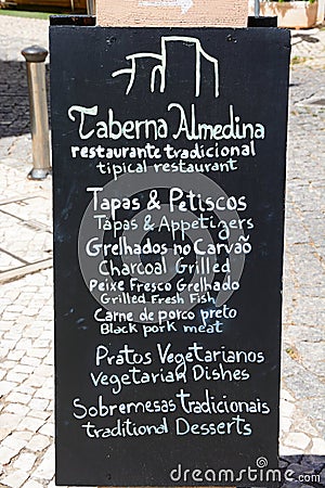 Restaurant menu board, Silves, Portugal. Editorial Stock Photo