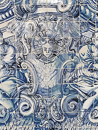 Traditional portuguese/spanish tile. Traditional ornate portuguese decorative tiles azulejos. Portugal tiles closeup. Blue and Editorial Stock Photo