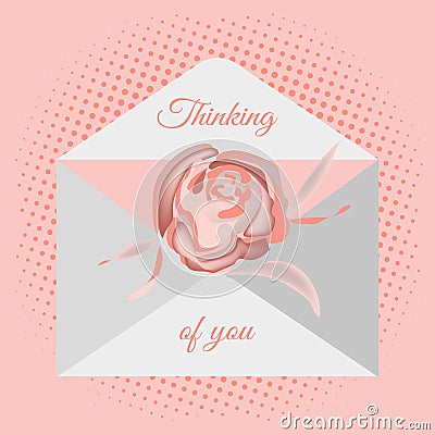 Traditional postal envelope with romantic wish. Image of flowers of roses and hearts. Vector drawing for design of messages, cards Vector Illustration