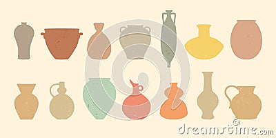 Clay vases of various shapes, traditional pottery silhouettes Vector Illustration