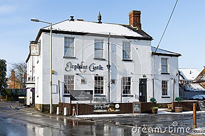 Traditional public house in North Shropshire village of Shawbury with snow Editorial Stock Photo