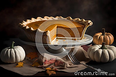 Traditional pumpkin pie on a cake stand with little pumpkins around, generative AI Stock Photo