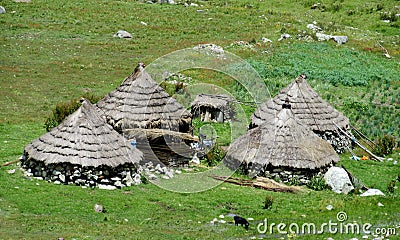 Traditional quechua village houses with conic straw roof Stock Photo