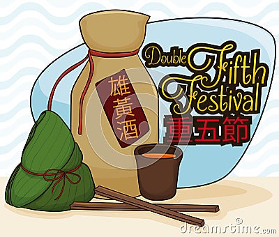 Traditional Realgar Wine and Zongzi Dumpling for Duanwu Festival, Vector Illustration Vector Illustration