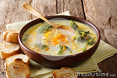 Traditional recipe of broccoli cheese soup with vegetables in a Stock Photo