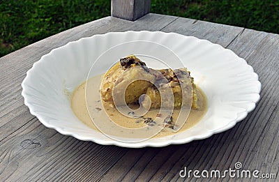 Traditional recipe: potato and mushroom polenta Stock Photo