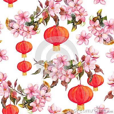 Traditional red chinese lantern in spring pink flowers - apple, plum, cherry, sakura. Seamless pattern. Watercolor Stock Photo