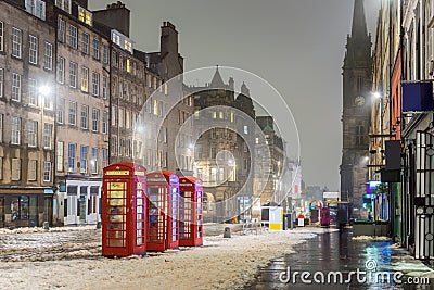 Snow Covered Royal Mile in Edinburgh on a Foggy Winter Day Stock Photo