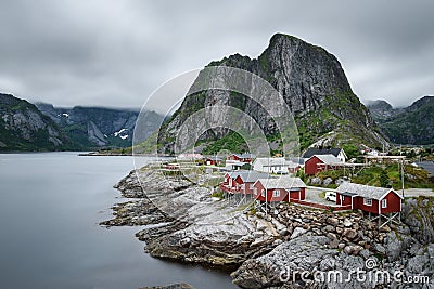 Traditional red rorbu cottages in Hamnoy village, Lofoten islan Stock Photo