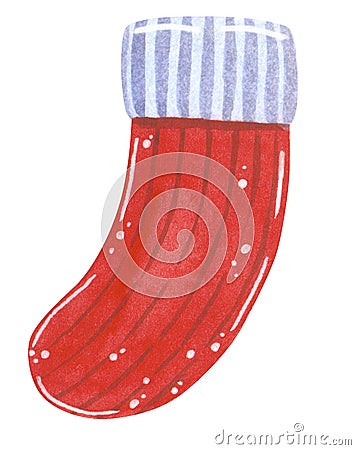 Traditional red sock for presents. Christmas hand drawn watercolor illustration Cartoon Illustration