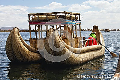Traditional reed boats, Lake Titicaca, Peru Stock Photo