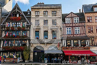 Traditional restaurant La Couronne on the streets of the old town of Rouen with traditional half-timbered heritage houses. Rouen, Editorial Stock Photo