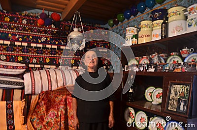 Display of traditional Romanian textiles in a in a village in Maramures Editorial Stock Photo