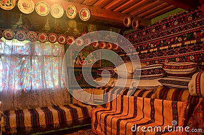 Display of traditional Romanian textiles in a in a village in Maramures Editorial Stock Photo