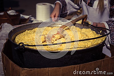 Hominy prepared in a caldron on fire Stock Photo