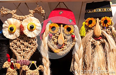 Traditional Romanian handmade funny masks souvenirs Stock Photo