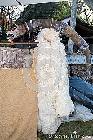 Traditional Romanian sheepskin coat for shepherd man during traditional country fair Editorial Stock Photo