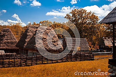 Traditional Romanian village with old house straw roofing Stock Photo