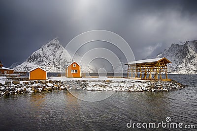 Traditional Rorbu House in Sakrisoy Fishing Village Stock Photo