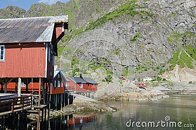 Traditional rorbu in A, Lofoten Islands, Norway, Europe Stock Photo