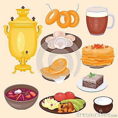 Traditional Russian cuisine culture dish course food welcome to Russia gourmet national meal vector illustration Vector Illustration