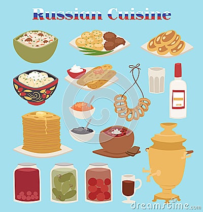 Traditional Russian cuisine culture dish course food welcome to Russia gourmet national meal vector illustration Vector Illustration