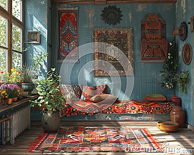 Traditional Russian dacha with folk art and a samovar3D render. Stock Photo
