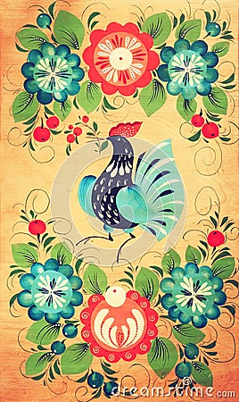 Traditional russian decorative wooden board. Painting with floral and peacock ornament Stock Photo