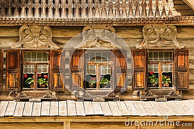 Traditional Russian decorative wooden windows Stock Photo