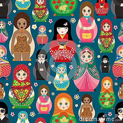 Traditional Russian doll Matryoshka toy nesting vector illustration with human girl cute face seamless pattern Vector Illustration