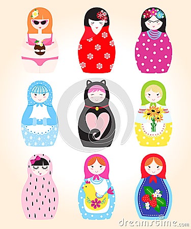 Traditional Russian doll Matryoshka toy nesting vector illustration with human puppet girl cute face Vector Illustration