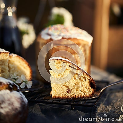 Traditional russian Easter cottage cheese dessert. Orthodox paskha, kulich cakes on table. Stock Photo