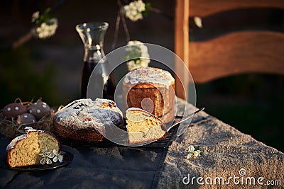 Traditional russian Easter cottage cheese dessert. Orthodox paskha, kulich cakes on table. Stock Photo