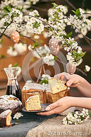 Traditional russian Easter. Woman hands take Orthodox paskha, kulich cakes on table. Stock Photo