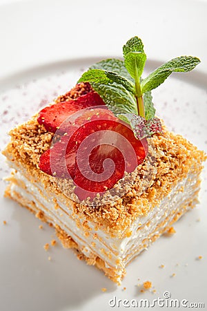 Traditional Russian Honey Cake Medovik on Restaurant Plate Isolated Stock Photo