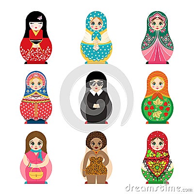 Traditional russian matryoshka toy set with handmade ornament figure pattern with child face and babushka woman souvenir Vector Illustration
