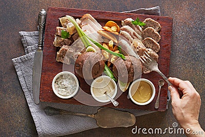 Traditional Russian meat snacks with different sauces Stock Photo