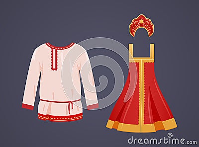 Traditional Russian national clothes are women`s and mockup of men white shirt. Vector Illustration
