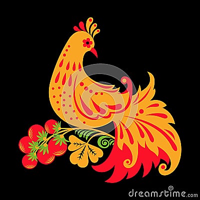 Traditional Russian ornament of Hohloma bird on black background Vector Illustration