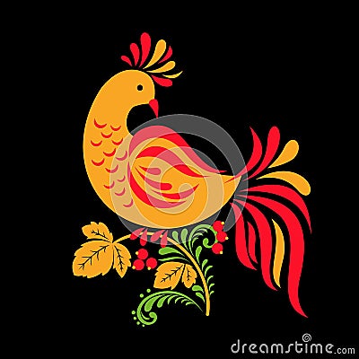 Traditional Russian ornament of Hohloma bird on black background Vector Illustration